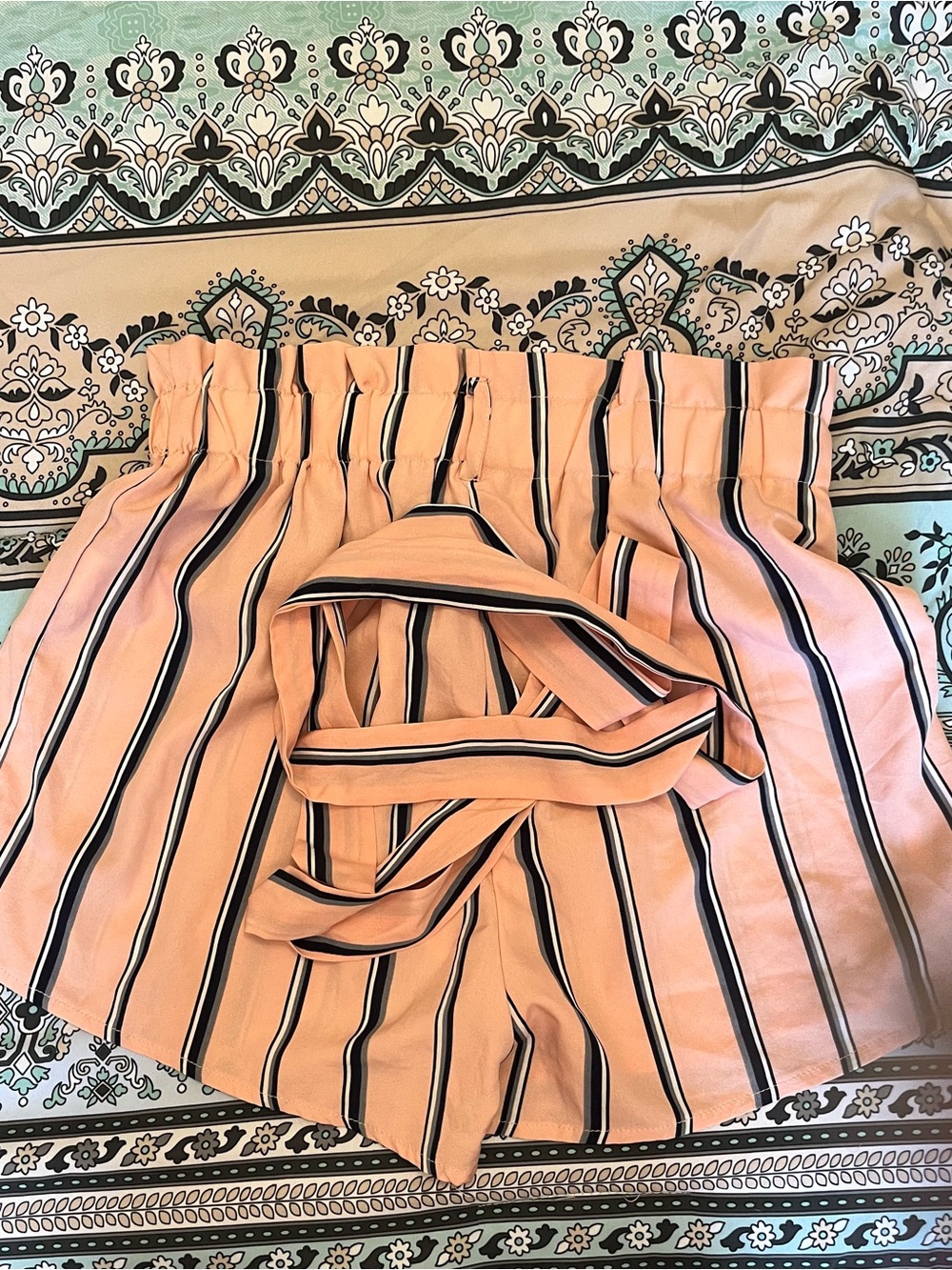 SHEIN Peach Striped Paperbag Waist Shorts with Tie